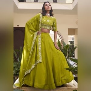 Green Embellishment Georgette Lehenga Set With Dupatta